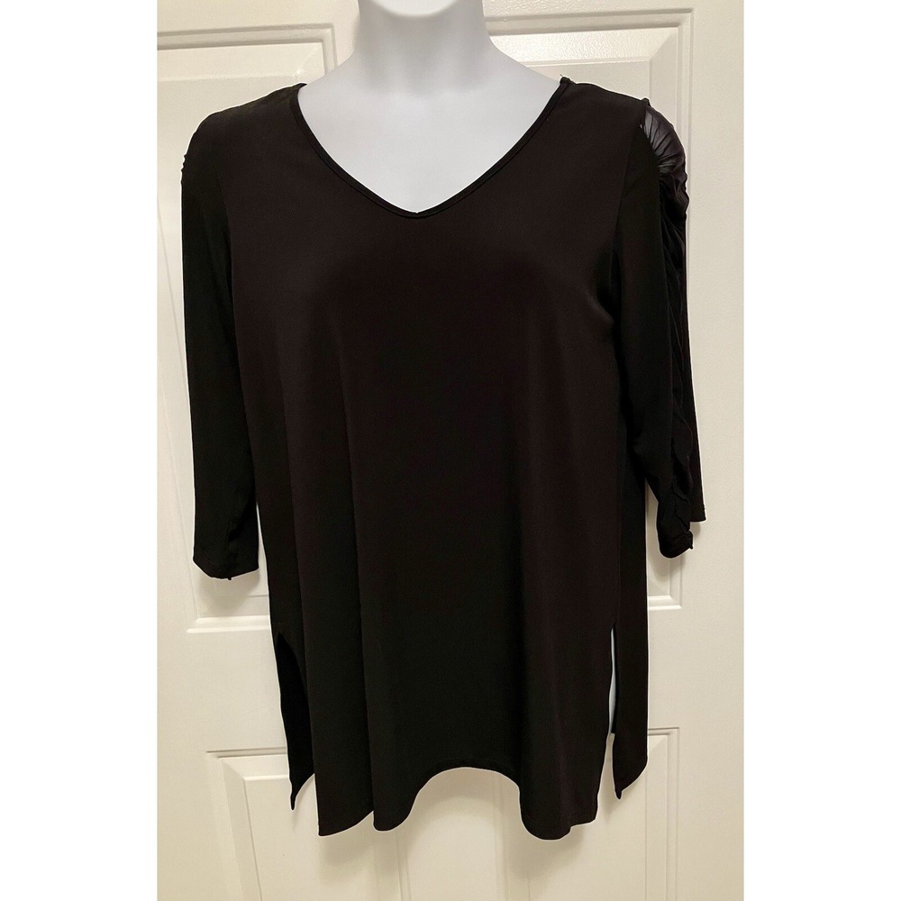 Clara Sun Woo Black Tunic Top Women's XL Split Hem Slinky Shirt